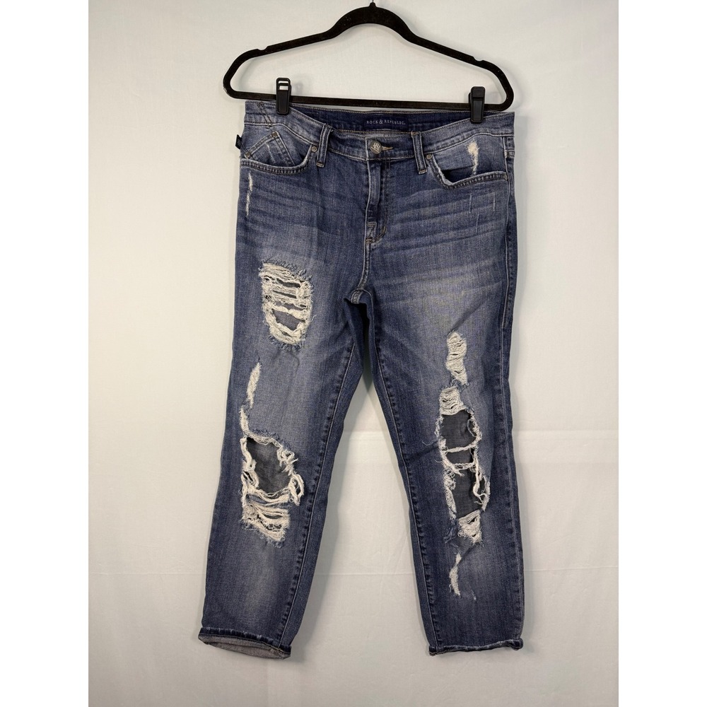Rock & Republic Indee Distressed Ripped Jeans Womens 10 Blue Mid Rise Stretch